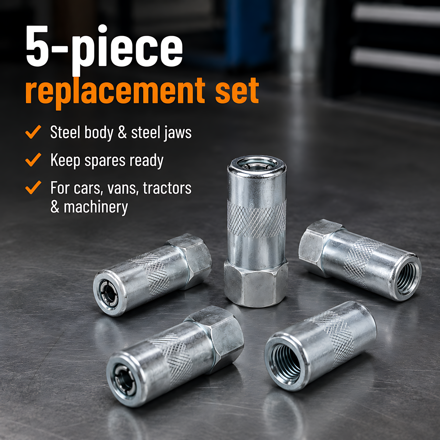 5 x Steel 4-Jaw Grease Gun Couplers Tips M10x1 for Hydraulic Grease Nipples for Cars, Tractors, Excavators, Agricultural Machinery