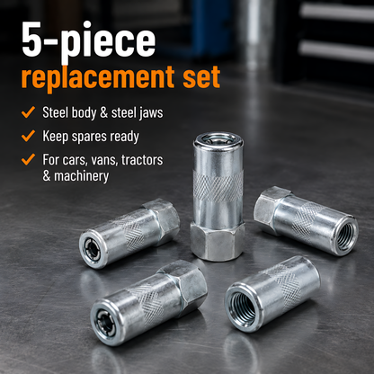 5 x Steel 4-Jaw Grease Gun Couplers Tips M10x1 for Hydraulic Grease Nipples for Cars, Tractors, Excavators, Agricultural Machinery