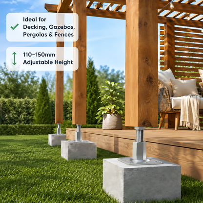 4 x 110-150mm Steel Adjustable Timber Post Base 80mm for Decking, Gazebos, Fences, Pergolas, Carports, Canopies, Garden Structures