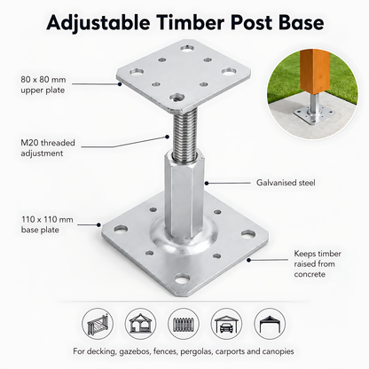 110-150mm Steel Adjustable Timber Post Base 80mm for Decking, Gazebos, Fences, Pergolas, Carports, Canopies, Garden Structures