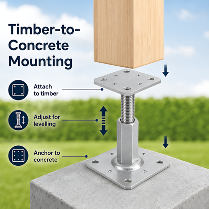 110-150mm Steel Adjustable Timber Post Base 80mm for Decking, Gazebos, Fences, Pergolas, Carports, Canopies, Garden Structures