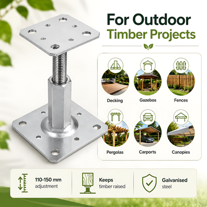 110-150mm Steel Adjustable Timber Post Base 80mm for Decking, Gazebos, Fences, Pergolas, Carports, Canopies, Garden Structures