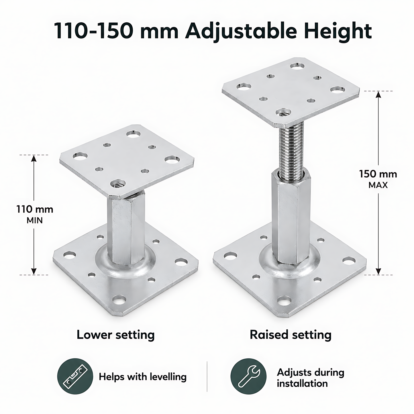 110-150mm Steel Adjustable Timber Post Base 80mm for Decking, Gazebos, Fences, Pergolas, Carports, Canopies, Garden Structures