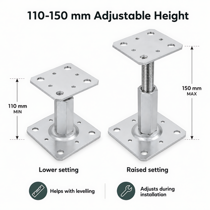 110-150mm Steel Adjustable Timber Post Base 80mm for Decking, Gazebos, Fences, Pergolas, Carports, Canopies, Garden Structures