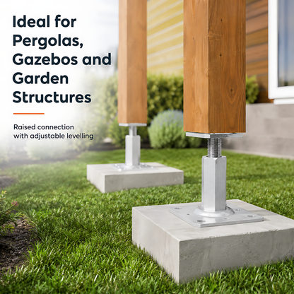 110-150mm Steel Adjustable Timber Post Base 80mm for Decking, Gazebos, Fences, Pergolas, Carports, Canopies, Garden Structures
