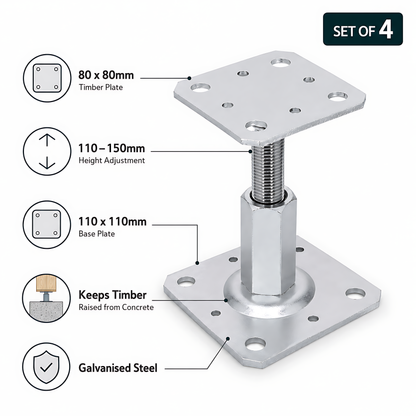 4 x 110-150mm Steel Adjustable Timber Post Base 80mm for Decking, Gazebos, Fences, Pergolas, Carports, Canopies, Garden Structures