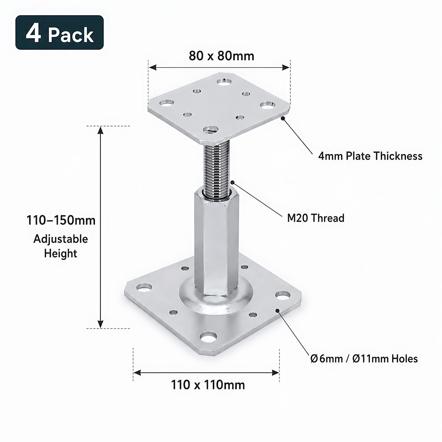 4 x 110-150mm Steel Adjustable Timber Post Base 80mm for Decking, Gazebos, Fences, Pergolas, Carports, Canopies, Garden Structures