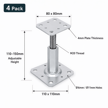 4 x 110-150mm Steel Adjustable Timber Post Base 80mm for Decking, Gazebos, Fences, Pergolas, Carports, Canopies, Garden Structures