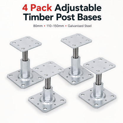 4 x 110-150mm Steel Adjustable Timber Post Base 80mm for Decking, Gazebos, Fences, Pergolas, Carports, Canopies, Garden Structures