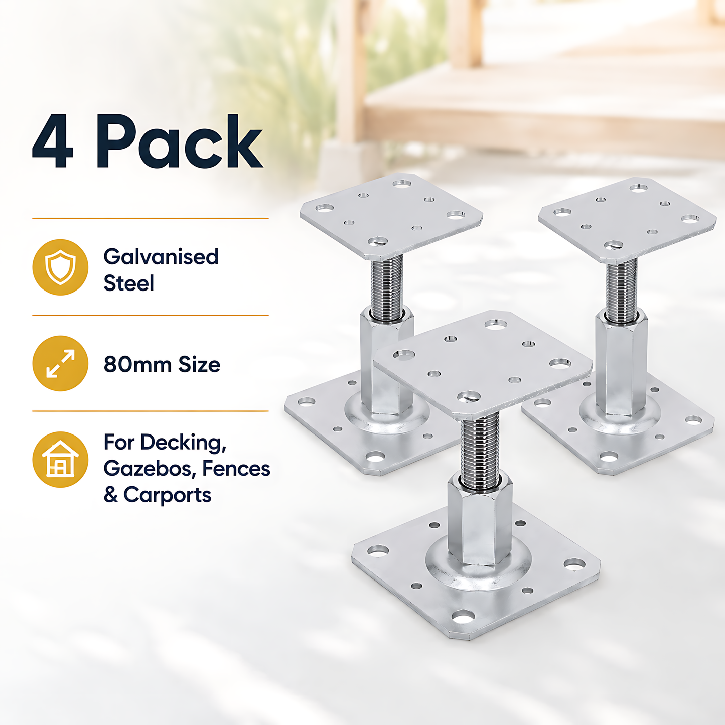 4 x 110-150mm Steel Adjustable Timber Post Base 80mm for Decking, Gazebos, Fences, Pergolas, Carports, Canopies, Garden Structures