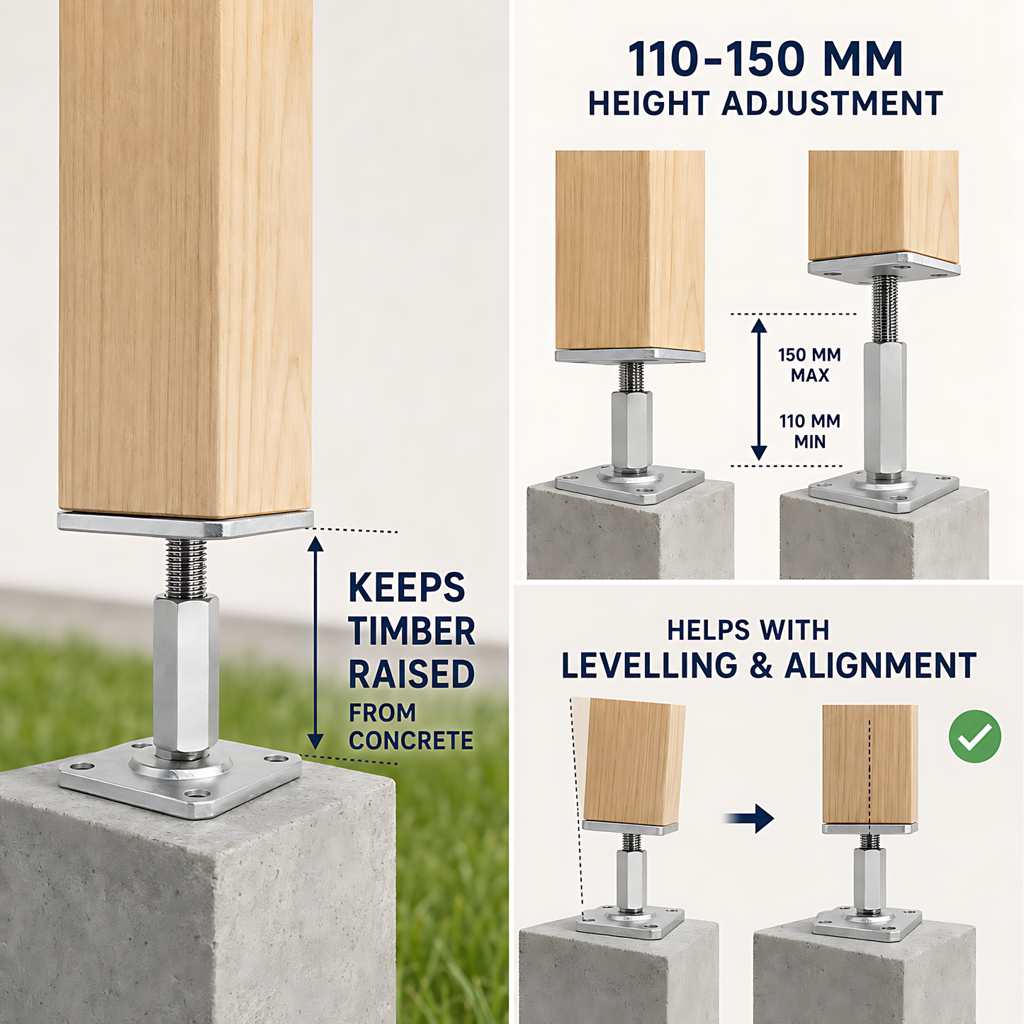 4x 110-150mm Steel Adjustable Timber Post Base 110mm for Decking, Gazebos, Fences, Pergolas, Carports, Canopies, Garden Structures