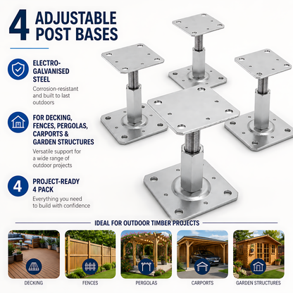 4x 110-150mm Steel Adjustable Timber Post Base 110mm for Decking, Gazebos, Fences, Pergolas, Carports, Canopies, Garden Structures