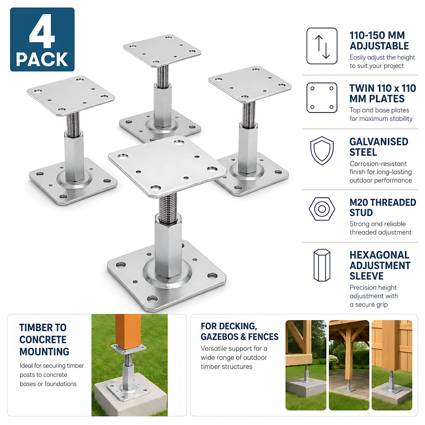 4x 110-150mm Steel Adjustable Timber Post Base 110mm for Decking, Gazebos, Fences, Pergolas, Carports, Canopies, Garden Structures