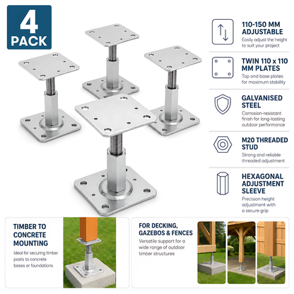 4x 110-150mm Steel Adjustable Timber Post Base 110mm for Decking, Gazebos, Fences, Pergolas, Carports, Canopies, Garden Structures