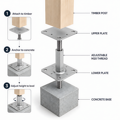 4x 110-150mm Steel Adjustable Timber Post Base 110mm for Decking, Gazebos, Fences, Pergolas, Carports, Canopies, Garden Structures