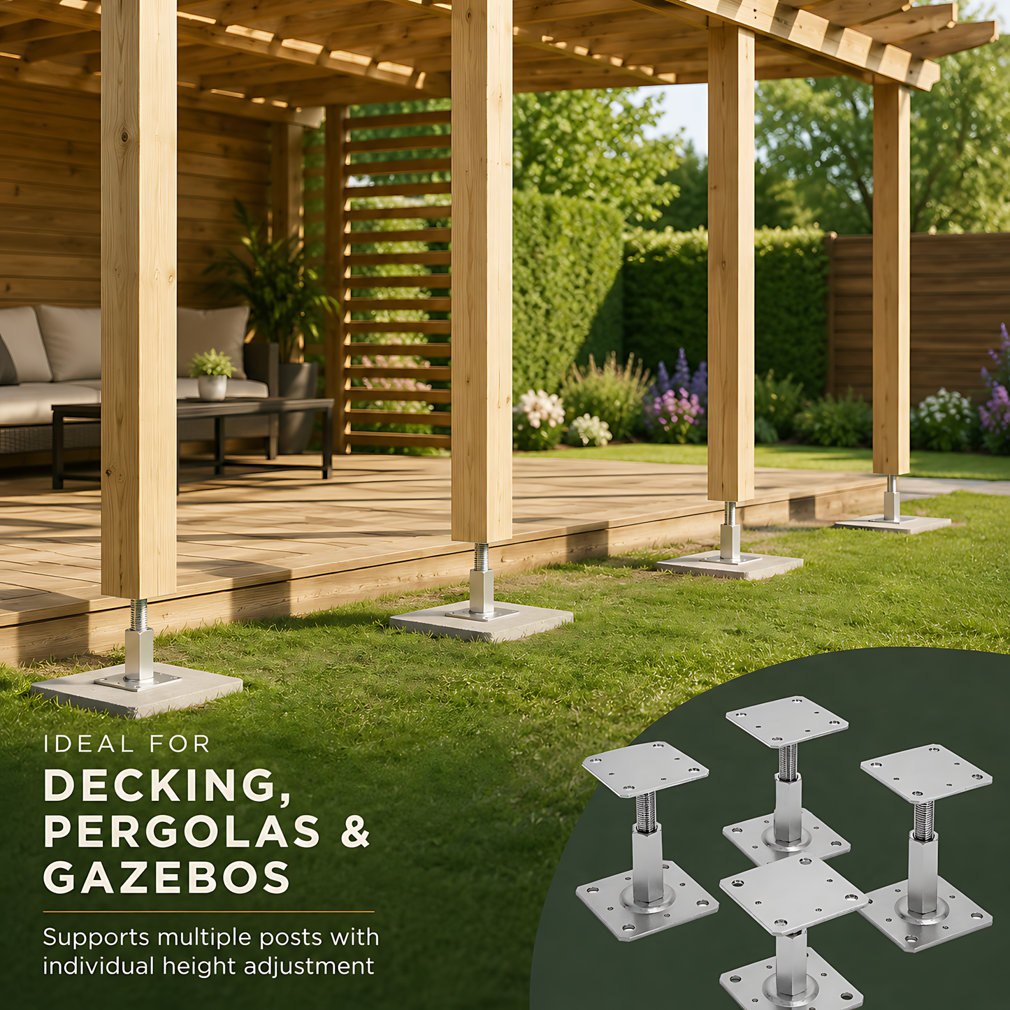 4x 110-150mm Steel Adjustable Timber Post Base 110mm for Decking, Gazebos, Fences, Pergolas, Carports, Canopies, Garden Structures