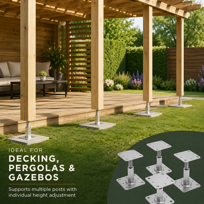 4x 110-150mm Steel Adjustable Timber Post Base 110mm for Decking, Gazebos, Fences, Pergolas, Carports, Canopies, Garden Structures
