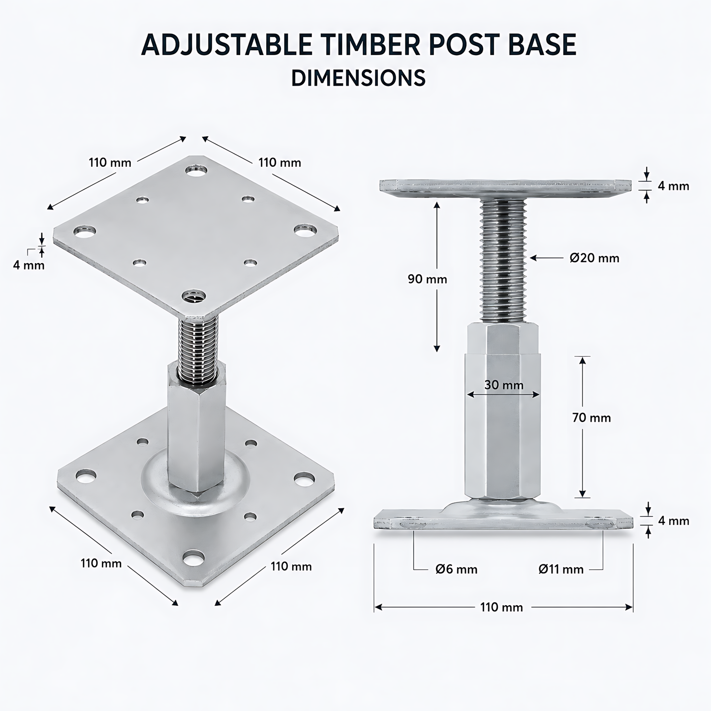 110-150mm Steel Adjustable Timber Post Base 110mm for Decking, Gazebos, Fences, Pergolas, Carports, Canopies, Garden Structures