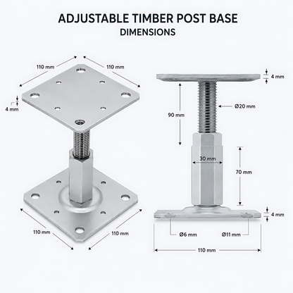 110-150mm Steel Adjustable Timber Post Base 110mm for Decking, Gazebos, Fences, Pergolas, Carports, Canopies, Garden Structures