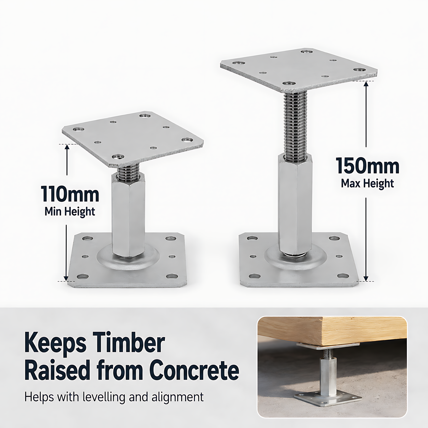 110-150mm Steel Adjustable Timber Post Base 110mm for Decking, Gazebos, Fences, Pergolas, Carports, Canopies, Garden Structures