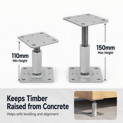 110-150mm Steel Adjustable Timber Post Base 110mm for Decking, Gazebos, Fences, Pergolas, Carports, Canopies, Garden Structures