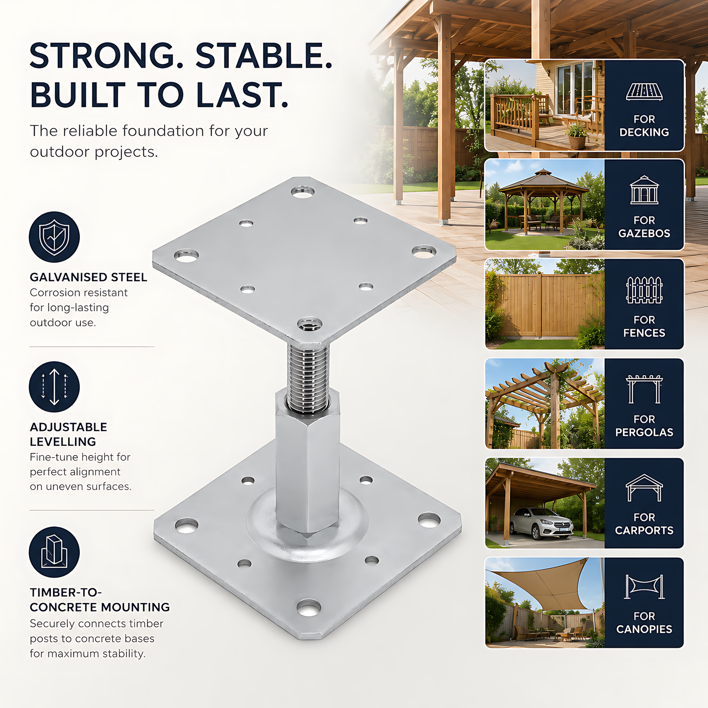 110-150mm Steel Adjustable Timber Post Base 110mm for Decking, Gazebos, Fences, Pergolas, Carports, Canopies, Garden Structures