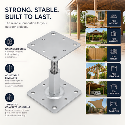 110-150mm Steel Adjustable Timber Post Base 110mm for Decking, Gazebos, Fences, Pergolas, Carports, Canopies, Garden Structures