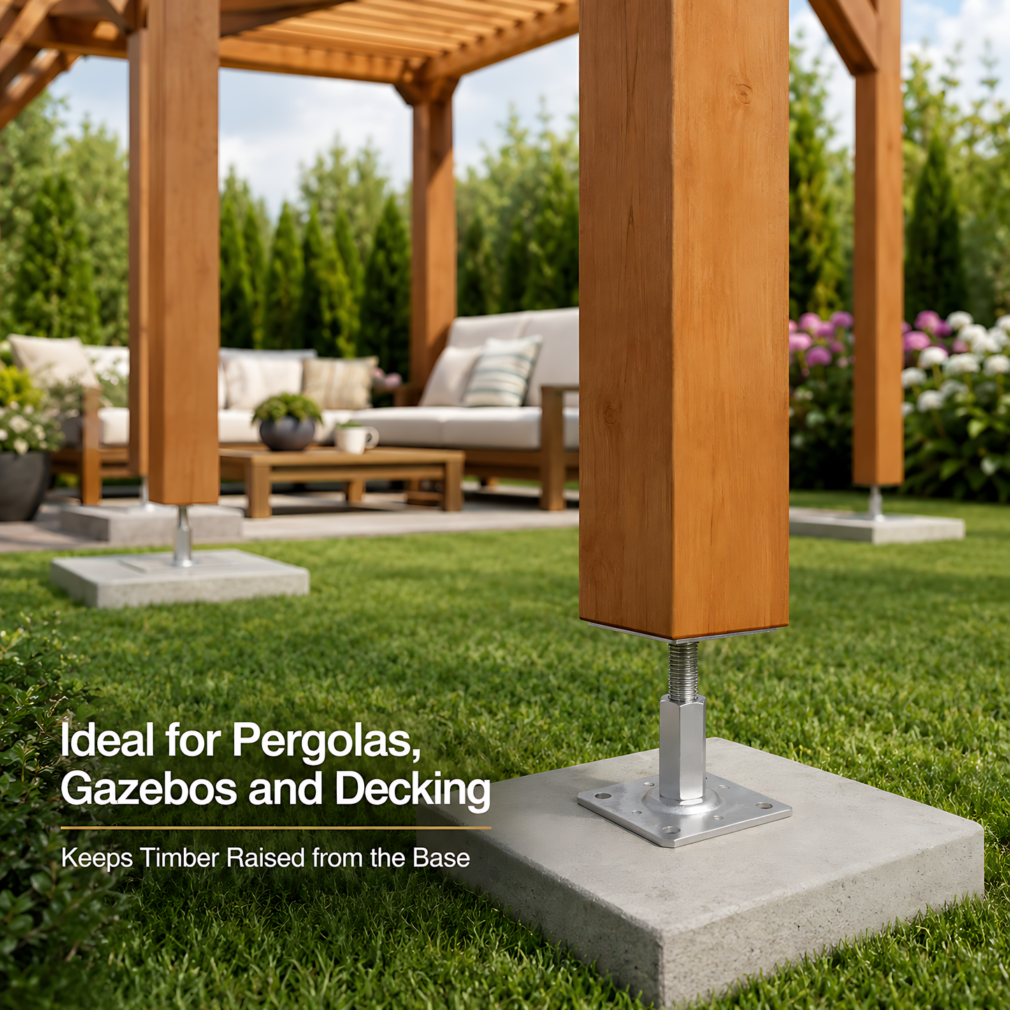 110-150mm Steel Adjustable Timber Post Base 110mm for Decking, Gazebos, Fences, Pergolas, Carports, Canopies, Garden Structures