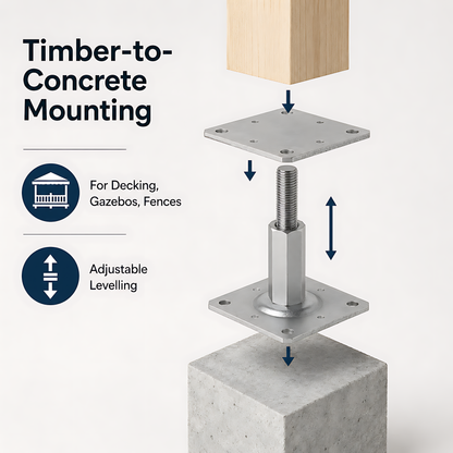 110-150mm Steel Adjustable Timber Post Base 110mm for Decking, Gazebos, Fences, Pergolas, Carports, Canopies, Garden Structures