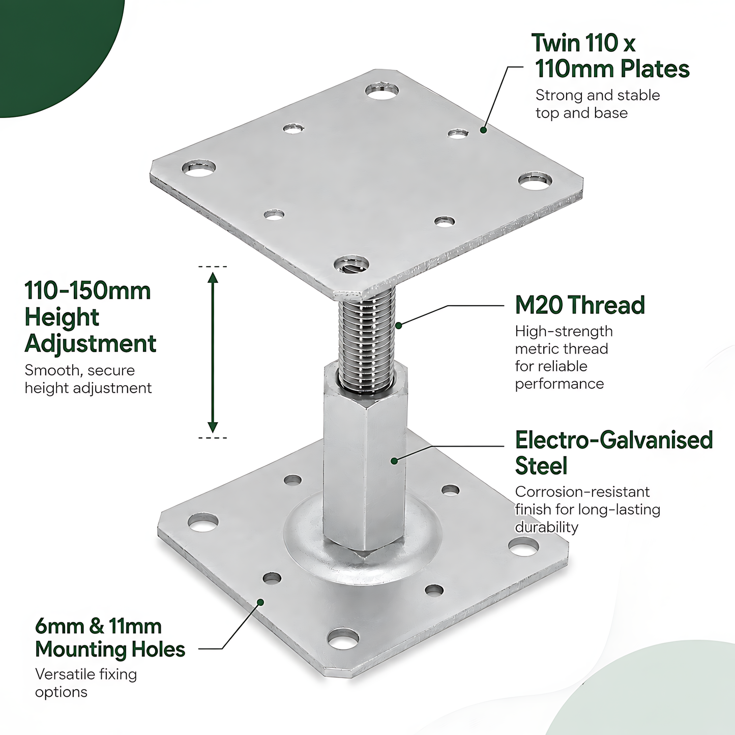 110-150mm Steel Adjustable Timber Post Base 110mm for Decking, Gazebos, Fences, Pergolas, Carports, Canopies, Garden Structures