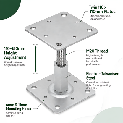 110-150mm Steel Adjustable Timber Post Base 110mm for Decking, Gazebos, Fences, Pergolas, Carports, Canopies, Garden Structures