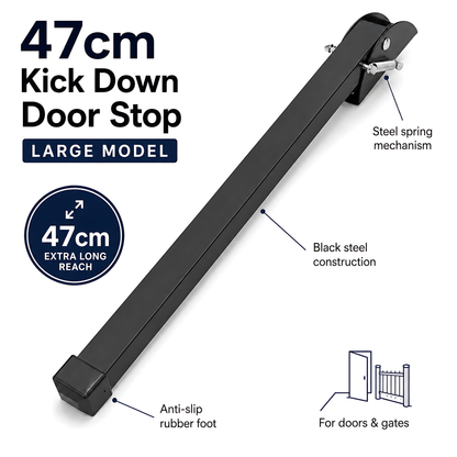 Kick Down Door Stop 47cm Black Spring Stay for Garage Doors and Gates, Entrance, Service Doors - Steel Spring Mechanism, Anti-Slip