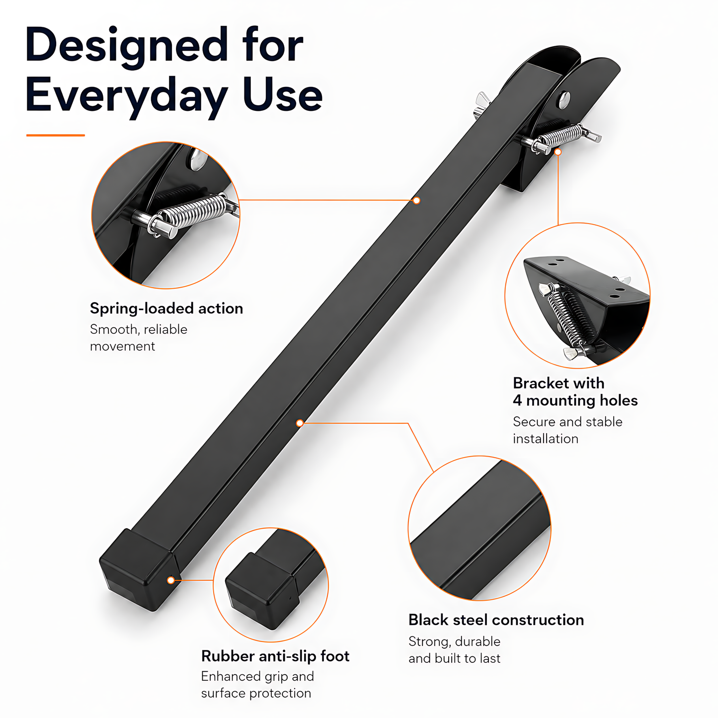 Kick Down Door Stop 47cm Black Spring Stay for Garage Doors and Gates, Entrance, Service Doors - Steel Spring Mechanism, Anti-Slip