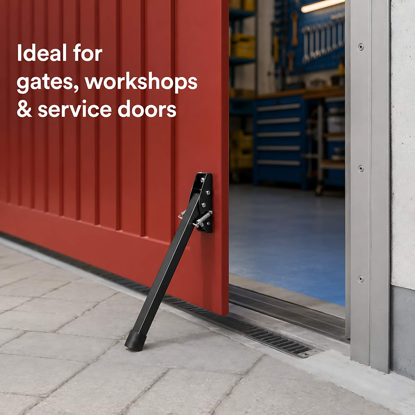 Kick Down Door Stop 47cm Black Spring Stay for Garage Doors and Gates, Entrance, Service Doors - Steel Spring Mechanism, Anti-Slip
