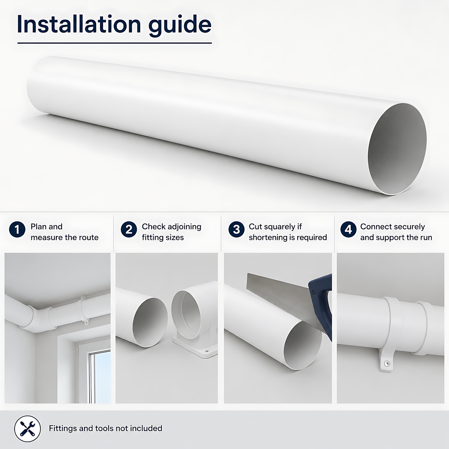 Rigid Round PVC Ventilation Duct 100mm x 1000mm for Extractor Fans, Bathrooms, Kitchens, Utility Rooms - 40 C Thermal Resistance
