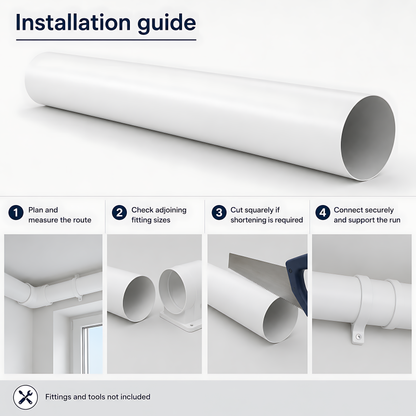 Rigid Round PVC Ventilation Duct 100mm x 1000mm for Extractor Fans, Bathrooms, Kitchens, Utility Rooms - 40 C Thermal Resistance