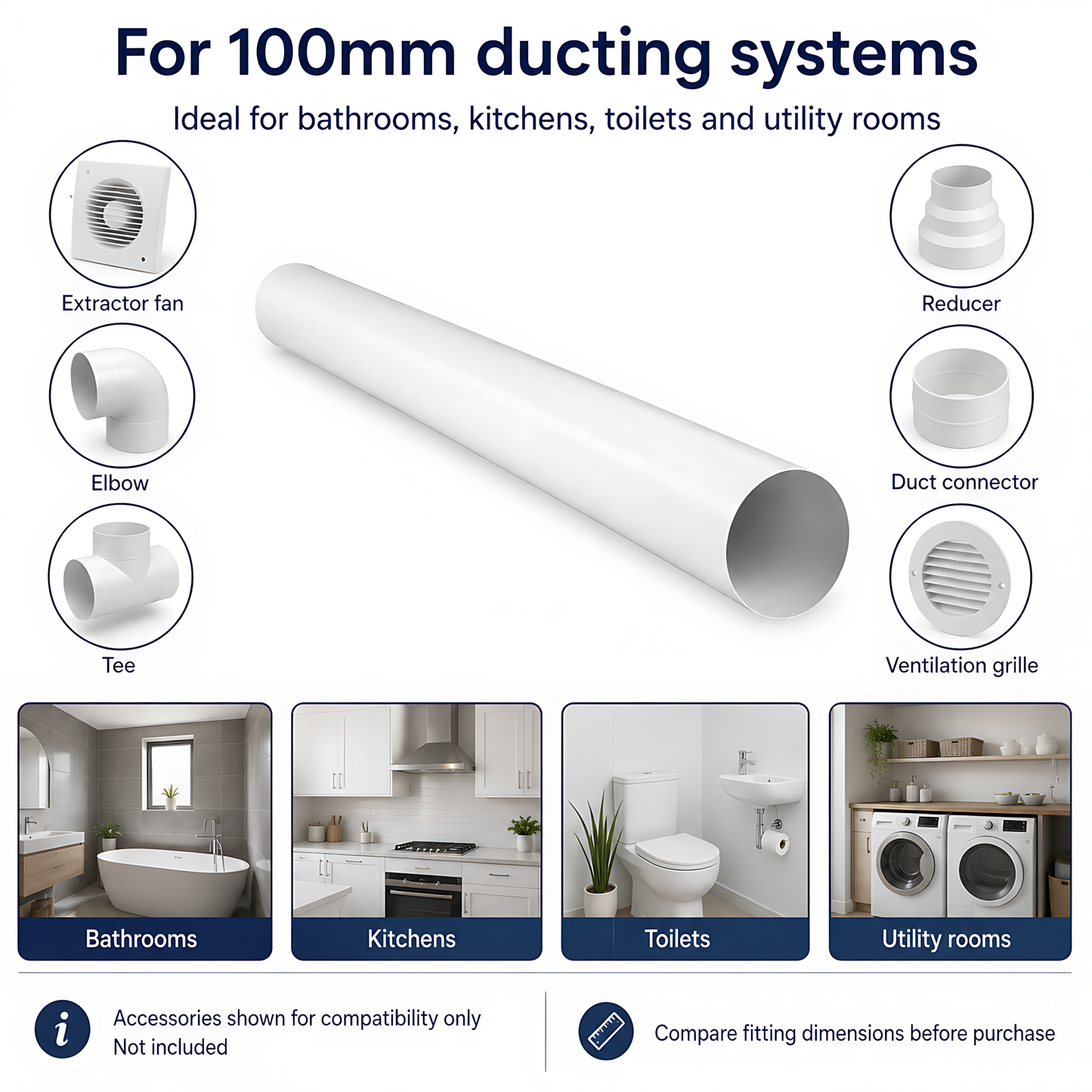 Rigid Round PVC Ventilation Duct 100mm x 1000mm for Extractor Fans, Bathrooms, Kitchens, Utility Rooms - 40 C Thermal Resistance