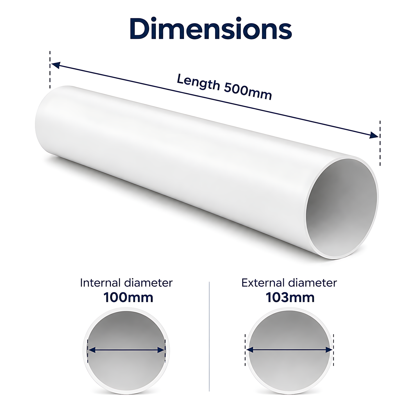Rigid Round PVC Ventilation Duct 100mm x 500mm for Extractor Fans, Bathrooms, Kitchens, Utility Rooms - 40 C Thermal Resistance