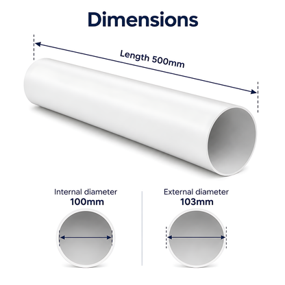 Rigid Round PVC Ventilation Duct 100mm x 500mm for Extractor Fans, Bathrooms, Kitchens, Utility Rooms - 40 C Thermal Resistance