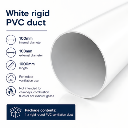 Rigid Round PVC Ventilation Duct 100mm x 1000mm for Extractor Fans, Bathrooms, Kitchens, Utility Rooms - 40 C Thermal Resistance