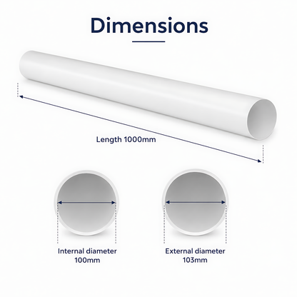 Rigid Round PVC Ventilation Duct 100mm x 1000mm for Extractor Fans, Bathrooms, Kitchens, Utility Rooms - 40 C Thermal Resistance
