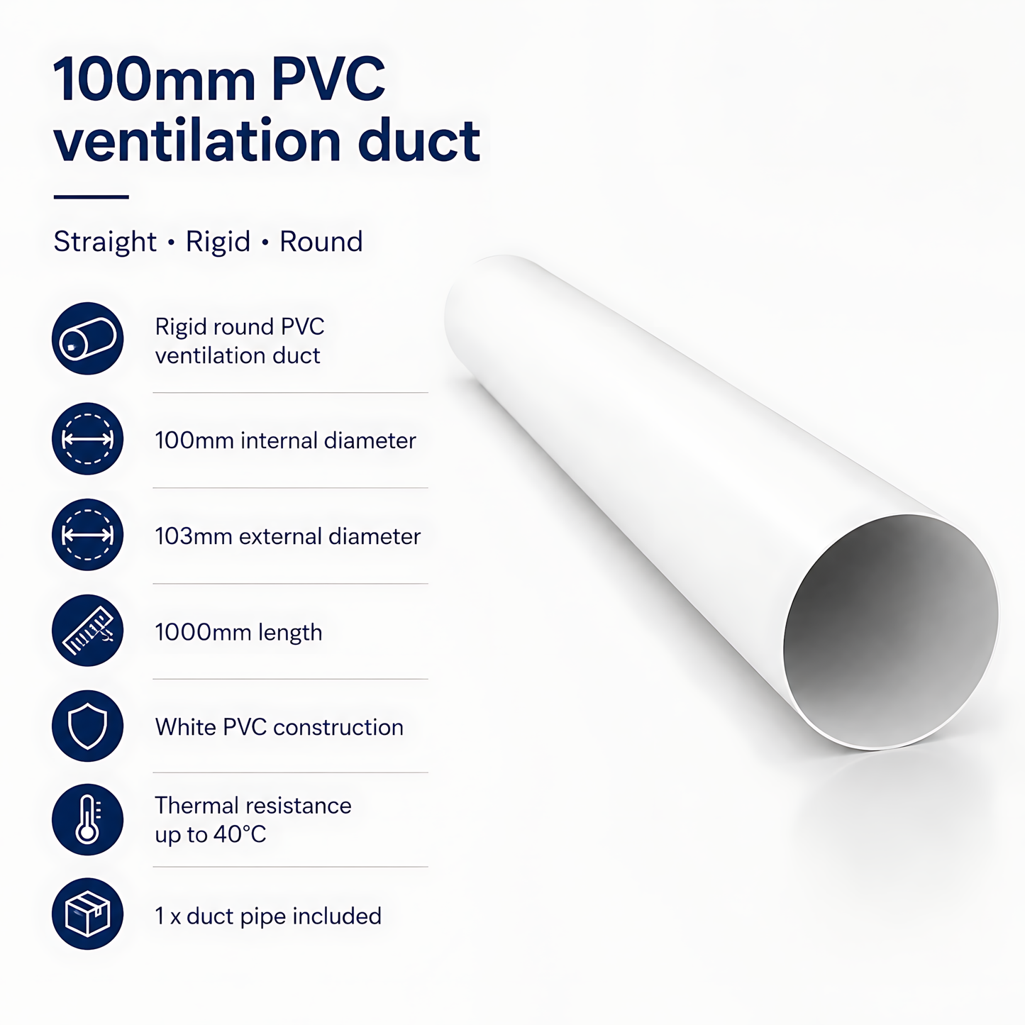 Rigid Round PVC Ventilation Duct 100mm x 1000mm for Extractor Fans, Bathrooms, Kitchens, Utility Rooms - 40 C Thermal Resistance