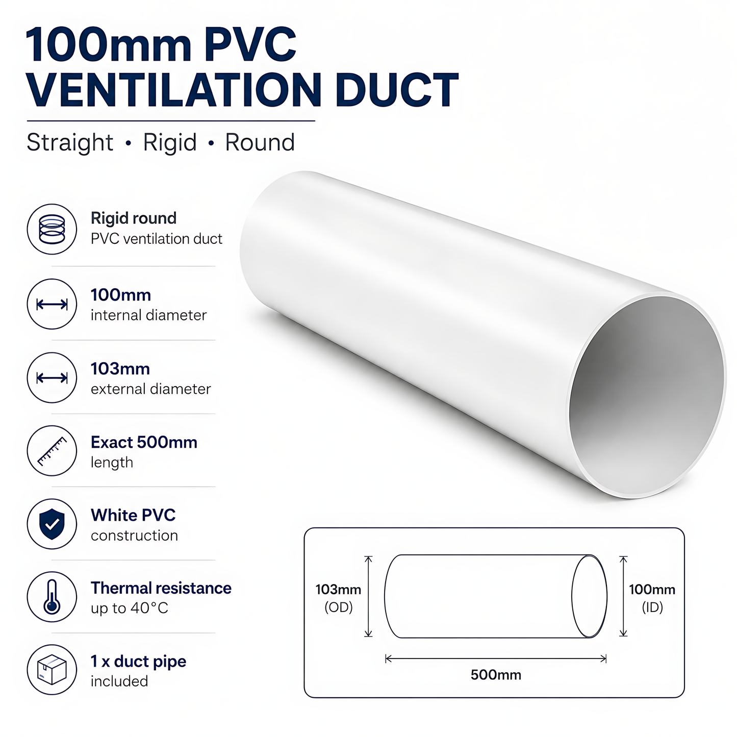 Rigid Round PVC Ventilation Duct 100mm x 500mm for Extractor Fans, Bathrooms, Kitchens, Utility Rooms - 40 C Thermal Resistance
