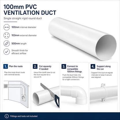 Rigid Round PVC Ventilation Duct 100mm x 500mm for Extractor Fans, Bathrooms, Kitchens, Utility Rooms - 40 C Thermal Resistance