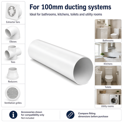 Rigid Round PVC Ventilation Duct 100mm x 500mm for Extractor Fans, Bathrooms, Kitchens, Utility Rooms - 40 C Thermal Resistance