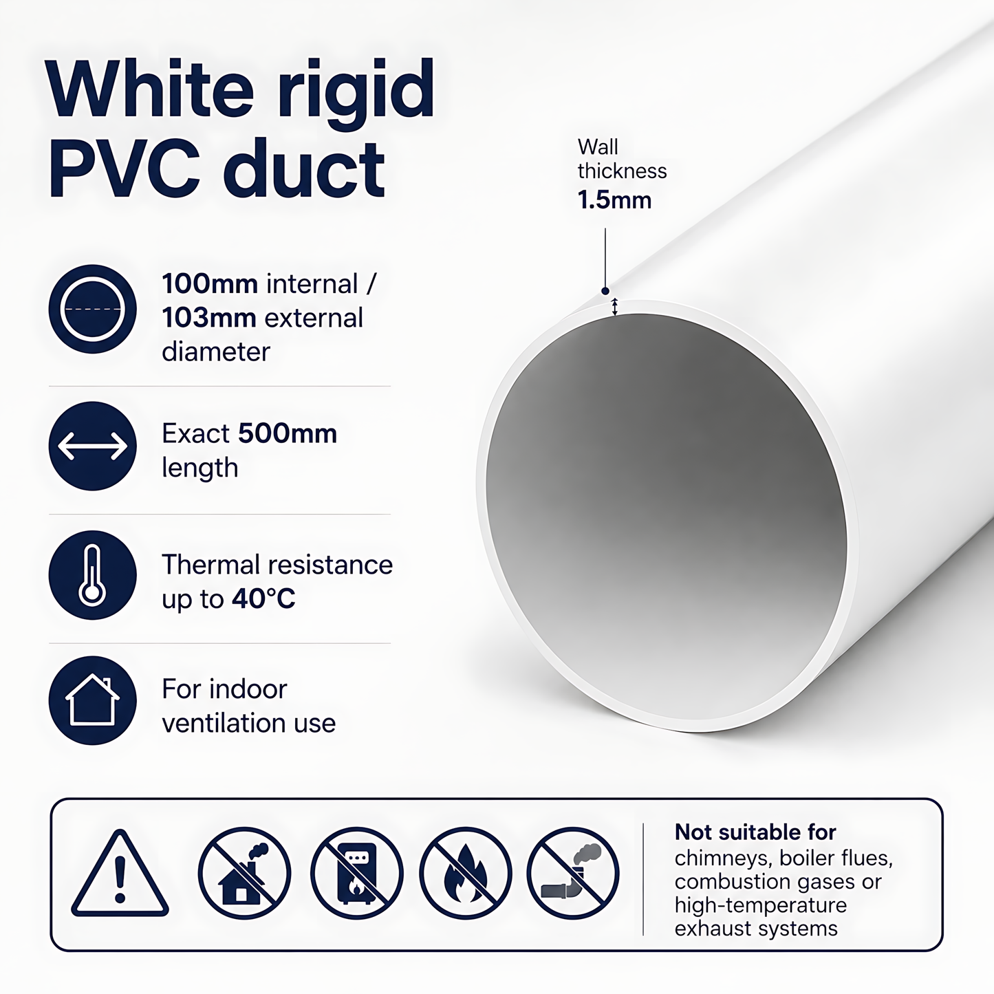 Rigid Round PVC Ventilation Duct 100mm x 500mm for Extractor Fans, Bathrooms, Kitchens, Utility Rooms - 40 C Thermal Resistance