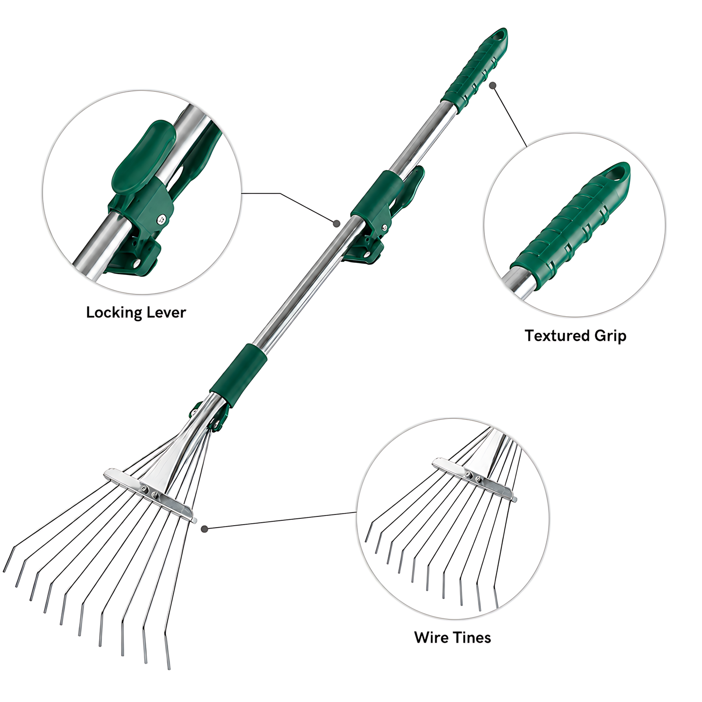 Mini Garden Leaf Rake, Adjustable 11-30cm Head, 53.5-73cm Total Length for Leaves, Borders, Flower Beds and Tight Spaces