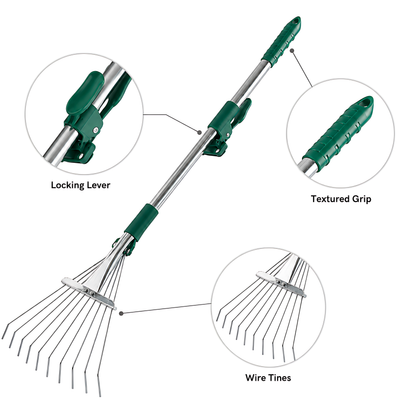 Mini Garden Leaf Rake, Adjustable 11-30cm Head, 53.5-73cm Total Length for Leaves, Borders, Flower Beds and Tight Spaces