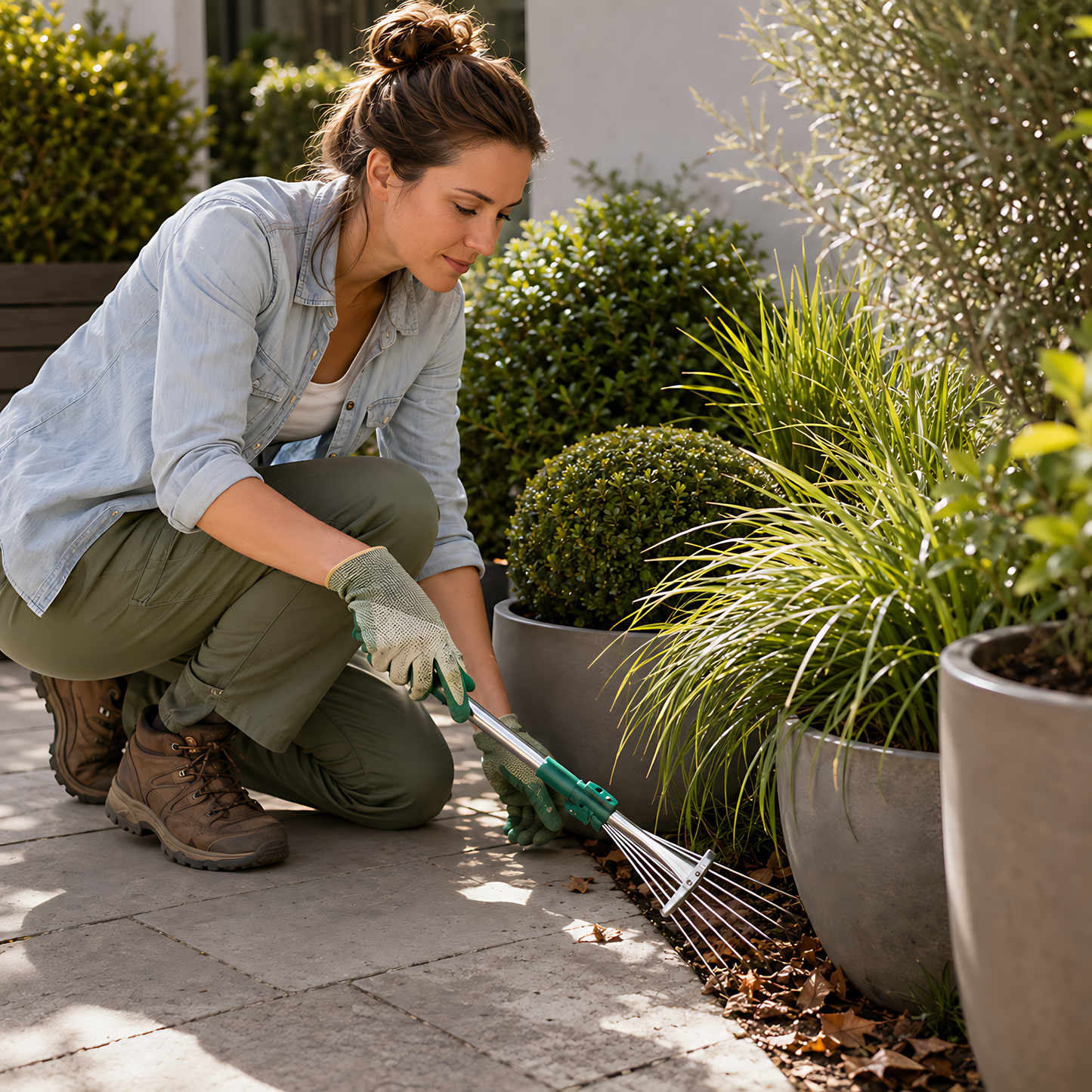 Mini Garden Leaf Rake, Adjustable 11-30cm Head, 53.5-73cm Total Length for Leaves, Borders, Flower Beds and Tight Spaces