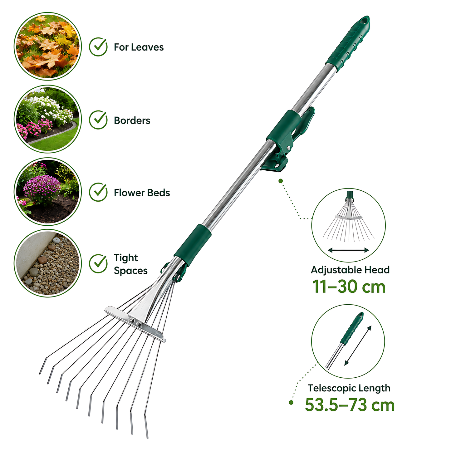 Mini Garden Leaf Rake, Adjustable 11-30cm Head, 53.5-73cm Total Length for Leaves, Borders, Flower Beds and Tight Spaces